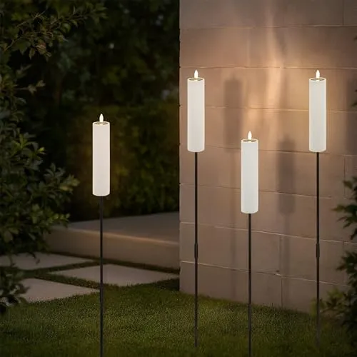 Solar Gartenfackel LED Kerze 99 cm - 4er Set - Lampen für romantische Gartenbeleuchtung mit realistischem Flammen-Effekt, solarbetrieben und inklusive fest verbautem Akku für umweltfreundliches Licht.