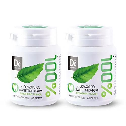 DC24 DAILY CARE 100% Xylit Kaugummi Spearmint, zuckerfrei & vegan ohne Titandioxid ohne Aspartam, 2 x 60 Stk Dose, BigPack mit 120 Kaugummis
