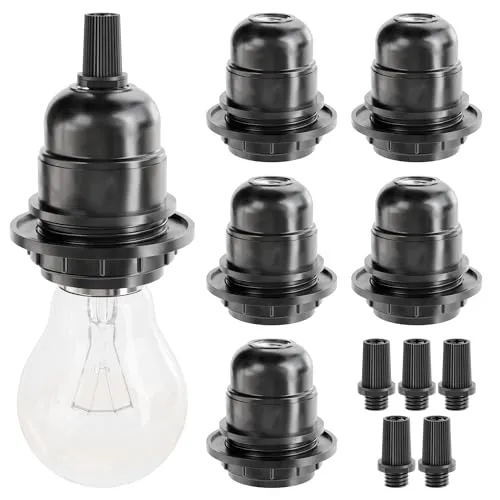 greate 6x E27 Fassung schwarz - Lampenfassung E27 mit Schirmträgerring & Gewinde - Glühbirnen Fassung 250V 60W aus Kunststoff - Lampenfassung für Lampenschirm - Light bulb socket