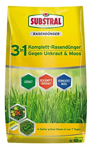 Substral 3 in 1 Komplett Rasendünger mit Unkrautvernichter und Moosvernichter, 14 kg - Dünger für einen grünen Rasen ohne Unkraut und Moos, bekämpft effektiv zweikeimblättrige Unkräuter und schließt Lücken schnell mit Nährstoffen.