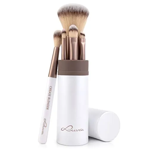 Make-up Pinselset 6-teilig | 5 vegane Schminkpinsel mit Aluminium-Köcher & Smart-Halter | Für Foundation, Puder & Augen-Make-up | Kompaktes Reise-Set in Perlmutt/Coffee | LUVIA