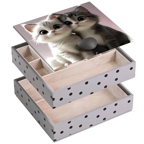 AdelDream Schmuckkästchen Schmuckorganizer Schmuckkasten mit 2 Ebenen Schmuckbox Schmuckgeschenkbox Geschenk für Damen Tochter und Freundin zum Geburtstag und zu Feiertagen Zwei Katze
