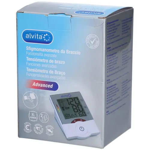 alvita® Oberarm-Blutdruckmessgerät Advanced - Vollautomatisches Oberarm-Blutdruckmessgerät mit Jumbo-Display. Einfache Bedienung, erkennt unregelmäßige Herzschläge und bietet Platz für 120 Messwerte. Ideal für präzise Messungen im Alltag.