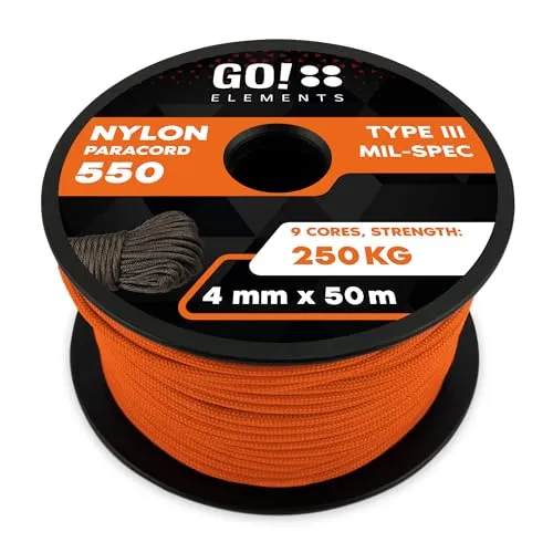 Paracord 550 Typ III - Reißfeste Nylonseilschnur für Outdoor & Handwerk - Das GO!elements Paracord 550 Typ III ist ein extrem stabiles Allzweckseil mit 11 Kernen und einer Belastbarkeit von bis zu 250 kg. Ideal für Outdoor-Aktivitäten und Handwerksarbeiten, wetterfest und auf praktischer Spule.