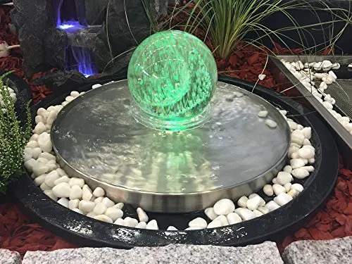 Köhko® Glaskugelbrunnen „Saturn“ 21010 - Freistehende Springbrunnen für den Außenbereich, LED-Kugelleuchte dimmbar mit 13 Farbkombinationen und geschlossenen Wasserkreislauf – ein Blickfang für Garten und Terrasse.