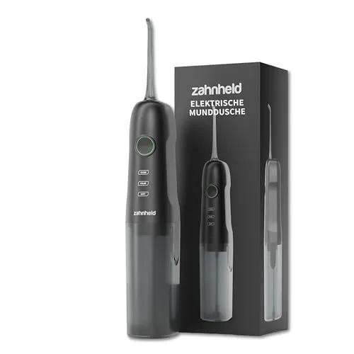 Zahnheld Munddusche Aquadent - Elektrische Zahndusche für optimale Zahnpflege - Munddusche für Zahnzwischenräume mit Aqua-Puls Technologie, abnehmbarer 170ml Wassertank und 3 Intensitätsstufen. Ideal für Zahnspangenträger und unterwegs.