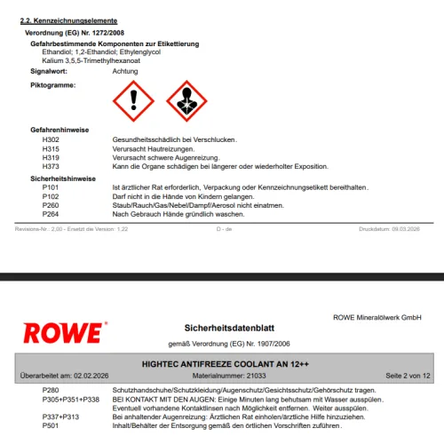 ROWE HIGHTEC ANTIFREEZE AN 12 ++ 5L Frostschutz - Autoreinigung & Pflege, hochwirksamer Frostschutz mit dünnflüssiger Formel für optimalen Kälteschutz und Motorleistung.