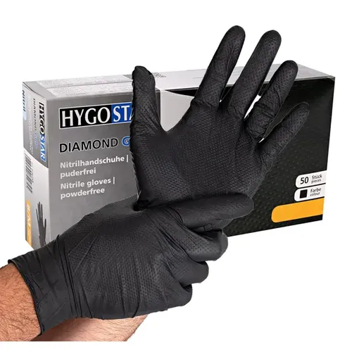 Nitrilhandschuhe Hygostar Diamond Grip schwarz XL hervorragender Griff bei Nässe, Öl, Fett, 50 Stück/Box 270708