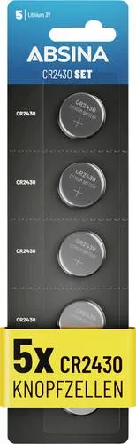 ABSINA Knopfzelle CR2430 - 5er Pack Lithium 3V, zuverlässige Stromversorgung für Geräte mit hohem Energiebedarf