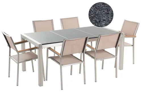 BELIANI Gartenmöbel Set Grau Beige Granit Edelstahl Tisch 180 cm - Gartenmöbel-Set für 6 Personen aus robustem Granit und Edelstahl, witterungsbeständig und schmutzabweisend. Perfekt für moderne Terrassen und Gärten.