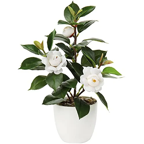 Briful Künstliche Zimmerpflanze Kamelie Kunstpflanze Camellia Japonica im Kunststofftopf Dekorative Seidenblumen Kamelie Kunstblumen für Home Hotel Dekoration