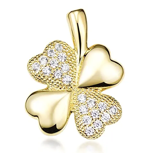 Materia Kleeblatt Anhänger Silber 925 Gold mit Zirkonia - Eleganter Kleeblatt-Anhänger aus 925 Sterling Silber, vergoldet und mit Zirkonia verziert. Ideal als Glücksbringer und geeignet für feine Halsketten. Lieferung in edler Schmuck-Schachtel – das perfekte Geschenk für besondere Anlässe.