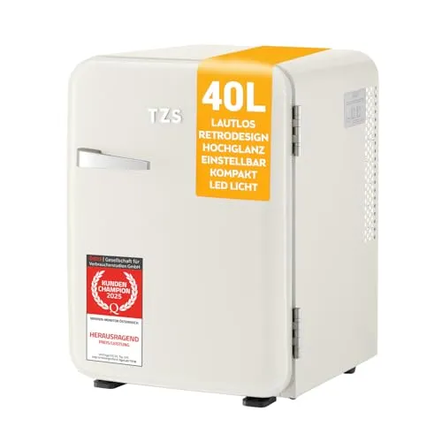 Mini Kühlschrank Retro Auto 40 L TZS First Austria - Kühlschrank im stilvollen Retrodesign mit LED-Innenbeleuchtung und regelbarem Thermostat, ideal für kleine Räume und unterwegs.