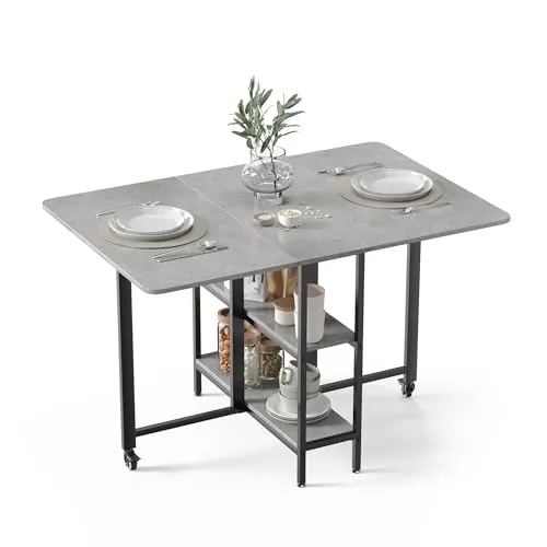 Mondeer Mobiler Klappbarer Esstisch - Esszimmertisch mit erweiterbarem Design für kleine Räume, bietet Platz für bis zu 6 Personen und verfügt über 2 offene Ablagen für zusätzlichen Stauraum.