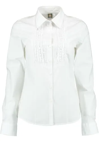 OS Trachten Damen Bluse Langarm mit Liegekragen - Elegante Trachtenbluse in Weiß, tailliert mit Rüschen und Biesen. Ideal für festliche Anlässe und den Alltag. Größe 48, perfekt kombinierbar! Die Bluse vereint Tradition und modernen Stil in einem.