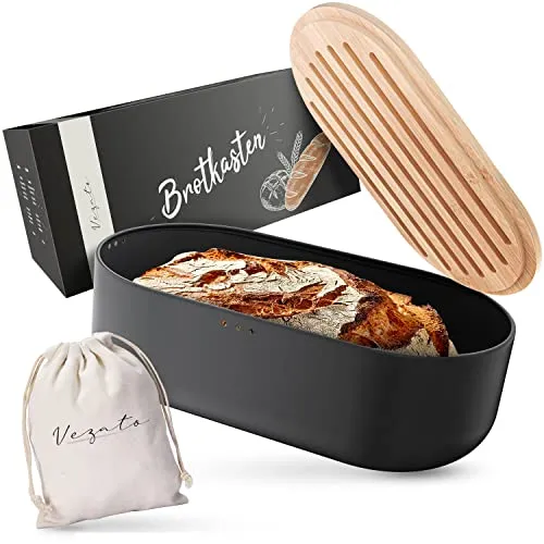Vezato Brotbox – Nachhaltiger Brotkasten für lange Frische - Brotkästen mit elegantem ovalem Design und extra viel Platz für frisches Brot. Der Bambusdeckel dient auch als Schneidebrett, ideal für die Küche!