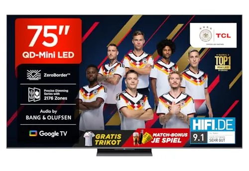 TCL 75Q8CX7 QLED Mini LED-Fernseher - 75 Zoll Smart-TV mit 4K Ultra HD, beeindruckendem Bang & Olufsen Audio und 144Hz Bildwiederholfrequenz für ein unvergleichliches Seherlebnis.