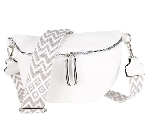 MIRROSI® Bauchtasche Damen aus Veganleder - Stilvolle Crossbody Bag (Weiß) - Mode-Hüfttaschen mit breitem Schultergurt (5 cm) und hochwertiger Verarbeitung. Ideal für vielseitige Trageoptionen und ausgestattet mit Schlüsselband und Münzenbeutel.