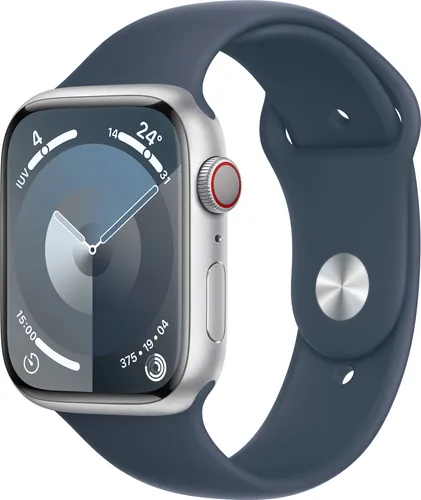 Apple Watch Series 9 (GPS+Cellular) - 45 mm Silber Aluminium, refurbished mit Sportarmband Storm Blue, 64 GB, umfassende Gesundheitsüberwachung und LTE-Connectivity