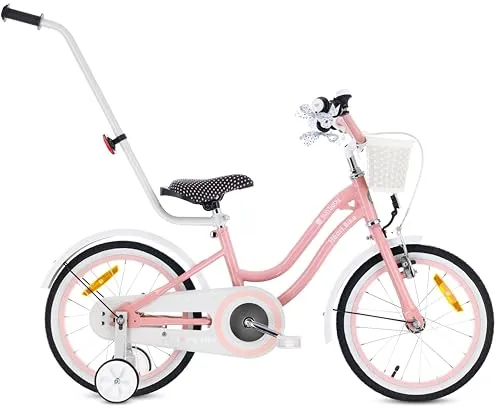 Mädchenfahrrad 16 Zoll mit Glocke und Zusatzrädern – Rosa Heart Bike - Robustes 16 Zoll Mädchenfahrrad mit Glocke, stabilen Zusatzrädern und Schubstange für sicheres Fahren. Ideal für Kinder von 4-6 Jahren, mit klassischem Design und praktischen Funktionen.