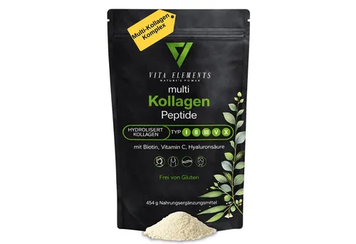 Vita Elements Kollagen Peptide Typ I, II, III, V, X Pulver, 454 g - Multikollagenpulver mit fünf Typen für deine tägliche Routine. Ideal zur Unterstützung von Haut und Bindegewebe, geschmacksneutral und einfach in Wasser oder Smoothies einrührbar.