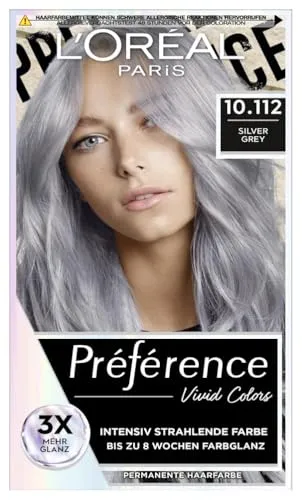 L’Oréal Paris Préférence Vivids Haarfarbe 10.112 silver grey - Farbton 10.112, permanente Haarfarbe für Damen, sorgt für langanhaltende, lebendige Farbe und strahlenden Glanz – ideal zum Kaschieren grauer Haare.
