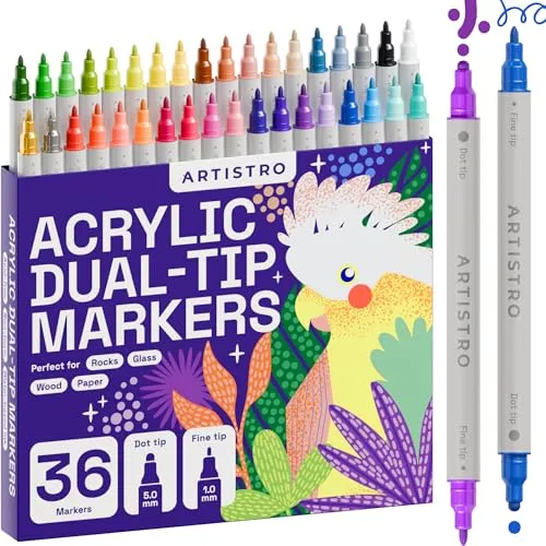 Artistro 36 Acrylstifte für Stein, Stoff, Holz, Glas, Dekoration – Dual Tip (Dot & Fein) Acrylmarker für Malbücher für Erwachsene, Teenager und Kinder – Bastel- & Kunstbedarf Set – Tolles Geschenk