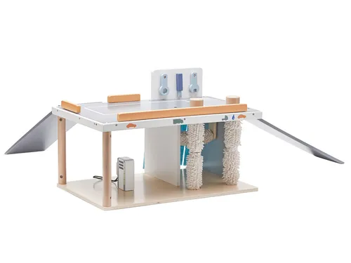 Kids Concept Spiel-Parkhaus Autoservice Aiden - Parkgaragen-Set mit Reparaturwerkstatt, Autowaschanlage und Tankstelle. Realistische Waschrollen und umfangreiches Zubehör für kreatives Spielen.