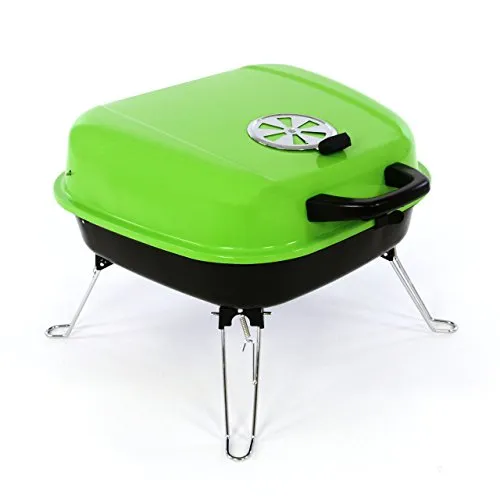 Nexos Mini Koffer-Grill Holzkohlegrill für Garten Terrasse Camping Festival Picknick Party BBQ Barbecue ca. 34 x 36 cm Grillfläche grün