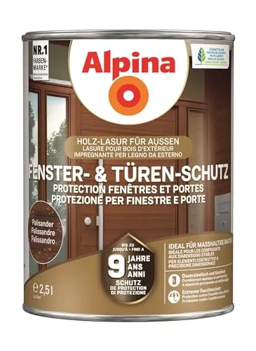 Alpina Lasur Fenster- und Türen-Schutz 2,5 Liter seidenmatt - Holzlasuren für maßhaltige Holzbauteile, schützt bis zu 9 Jahre vor Verziehen und Verkleben, ideal für Innen- und Außeneinsatz.