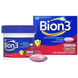 Bion3 Immun Junior Kautabletten - Nahrungsergänzungsmittel für Kinder ab 4 Jahren zur Unterstützung des Immunsystems mit 12 Vitaminen, Mineralstoffen und 10 Millionen Bakterienkulturen für eine gesunde Darmflora.