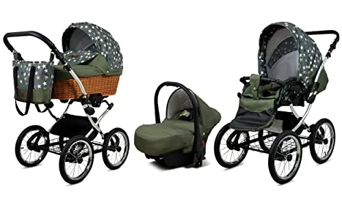 Babylux® Classic Exclusive 3in1 Kinderwagen Set – Olive Star - Multifunktionaler Kombikinderwagen für Neugeborene und Kleinkinder. Flexibel als Kinderwagen, Reisebuggy oder Autositz nutzbar. Mit verstellbarer Rückenlehne und Sicherheitsgurten für maximalen Komfort und Sicherheit.