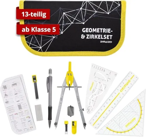 DynaTech Zirkel Set Geometrieset 13-Teilig mit Schnellverstellzirkel, Geodreieck, Parabel, Bleistift, Lineal, Spitzer und Ersatzminen im Etui - praktisches Mathematik-Set inkl. Federmappe (Gelb)