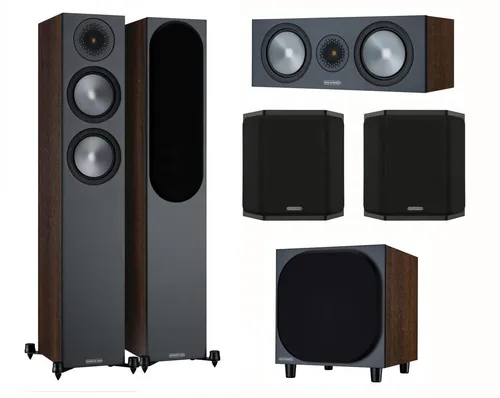 MONITOR AUDIO Bronze 6G Cinema 200 Lautsprecher-Set 5.1 - 5.1 Heimkinosystem mit hochwertigem Klang, bestehend aus Standlautsprechern, Center, Surround-Lautsprechern und Subwoofer in edlem Walnuss-Design.