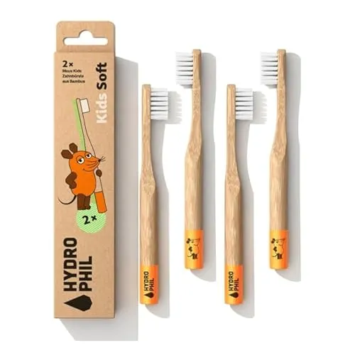 Hydrophil 4x Kinderzahnbrüsten extra weich aus Bambus, mit der Maus von "Sendung mit der Maus", Bambuszahnbürste für Kinder, runder Griff, Zahnbürste Kinder ab 3 Jahren, Kids Toothbrush