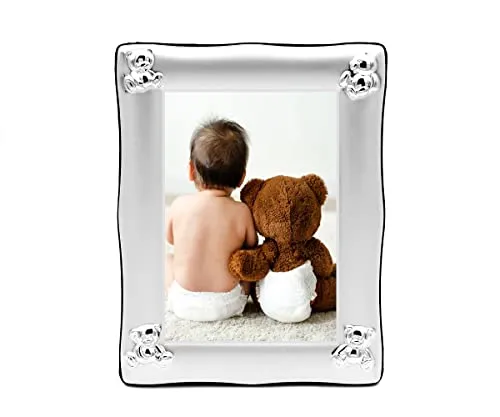 Brillibrum Design Baby Bilderrahmen versilbert Taufgeschenk Fotorahmen Bär Motiv Kinder Bilderrahmen zur Geburt Rahmen versilbert (Ohne Gravur)