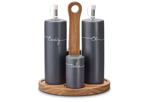 KHG Menage Set Keramik Steingut poliert, Anthrazit Grau - Frischhaltedosen mit modernem Design und praktischer Holz-Halterung für Öl, Essig, Salz & Pfeffer. Ideal für den Tisch und Restaurants, einfach nachfüllbar und reinigbar.