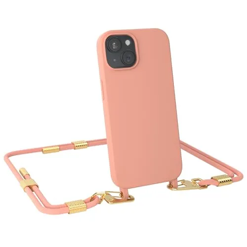 EAZY CASE - Handykette mit Karabiner kompatibel mit iPhone 15 - Hülle Silikon Fallschutz Handyhülle für iPhone 15 Kette zum Umhängen Schutzhülle mit Mikrofaser in Korall - Clips Gold