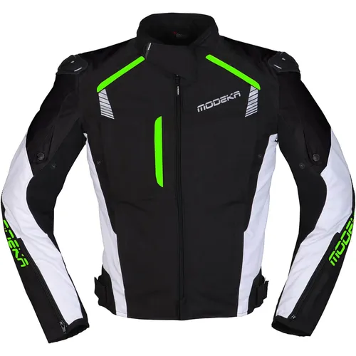 Modeka Lineos Motorradjacke Herren XXL (schwarz/weiß/grün) - Hochwertige Motorradjacke mit 5 Taschen, CE-zertifizierten Protektoren und atmungsaktiven Eigenschaften. Ideal für alle Jahreszeiten und vielseitigen Einsatz.
