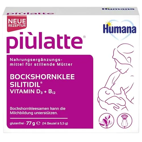 Humana piùlatte – Stillbegleitung mit Bockshornklee - Nahrungsergänzungsmittel für stillende Mütter, unterstützt die Milchbildung mit Bockshornkleesamen und enthält den einzigartigen Silitidil®-Komplex für gesunde Knochen.