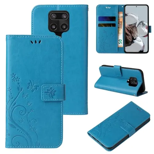 LBH Handy Hülle für Xiaomi Redmi Note 9 Pro Case Handytasche Schmetterling Blumen Flower Standfunktion Schutzhülle Magnet Rundum Schutz 360 Grad Flipcase Cover Blau