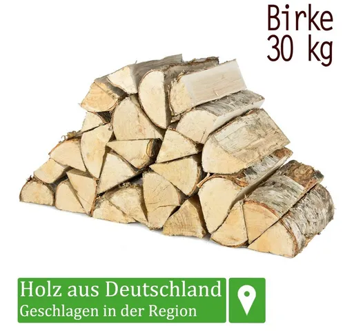 Brennholz Kaminholz Birkenholz 30 kg - Ofenfertig und umweltfreundlich - Brennholz in 25 cm Scheiten, kammergetrocknet mit weniger als 18% Restfeuchte, ideal für Kamin, Ofen und Feuerschale. Hoher Brennwert und angenehmer Duft für gemütliche Abende.