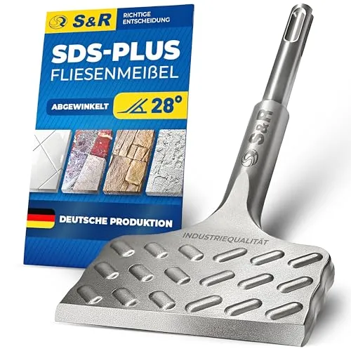 S&R Hochleistungs-Fliesenmeißel SDS plus 165 mm x 75 mm - Holzwerkzeuge - Abgewinkelter Meißel in Industrie-Qualität für effizientes Entfernen von Fliesen und Putz, gefertigt aus gehärtetem Vergütungsstahl für maximale Langlebigkeit.