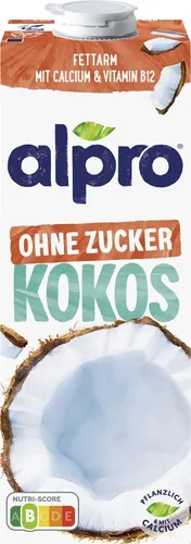 Alpro Kokosnussdrink ohne Zucker 1l - Haltbare Milchalternative, kalorienarm und ideal für eine zuckerfreie Ernährung.