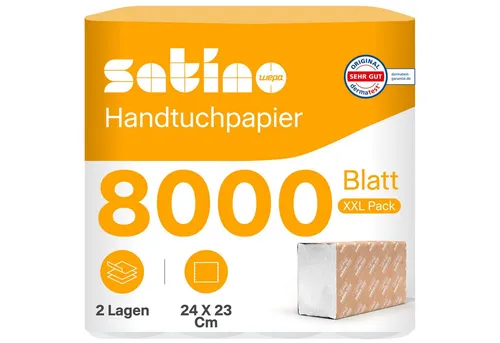Satino Papierhandtuch 2-lagig - 4.000 Stück - ZZ-Falz - 24 x 23 cm - Praktische 4.000 saugstarke Papierhandtücher im ZZ-Falz (24 x 23 cm), ideal für den täglichen Gebrauch. Hergestellt aus Recyclingpapier, bieten sie eine umweltfreundliche Lösung für Ihre Hygiene.