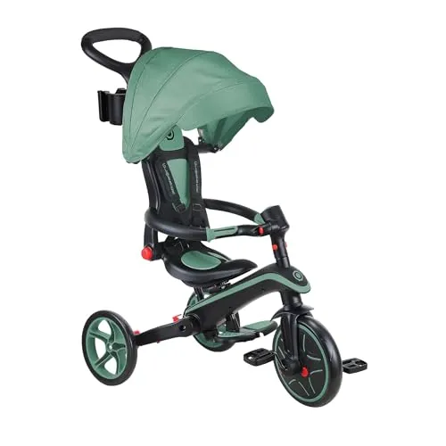 GLOBBER Explorer Trike Foldable 4in1 - Oliv grün - Dreirad, Laufrad und Kinderwagen in einem – das 4-in-1 Fahrzeug mit verstellbarem UV-Sonnenschutzdach und sicherem TPR-Sitz ist ideal für Kinder von 10 Monaten bis 5 Jahren.