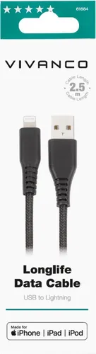 Vivanco USB-Ladekabel 2.50m - USB-A zu Apple Lightning - USB-Kabel für schnelles Laden und Synchronisieren von Apple Geräten, ideal für unterwegs und mit extra langer Reichweite.