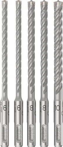 Bosch PRO SDS plus-5X Hammerbohrer Set, 6-10 mm - 5-teiliges Set von hochwertigen Stahlbetonbohrern für SDS+ Bohrhämmer. Langlebig und effizient mit 4-spiraligem Design zur Staubreduzierung, ideal für verschiedene Baustellen.