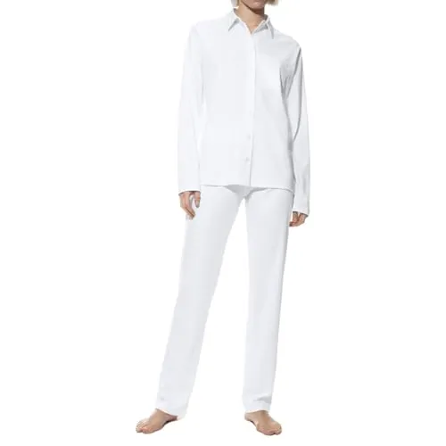 Mey Malea Pyjama (46 Weiß) - Bequemes zweiteiliges Set mit langer Hose und durchgeknöpftem Shirt. Ideal für entspannte Nächte, gefertigt aus weichem Baumwoll-Interlock für höchsten Komfort.