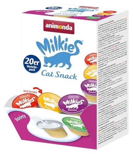 animonda Milkies Katzenmilch Snack - Mix Variety (20 Cups à 15 g) - Laktosearme Katzenmilch in praktischen Portionscups, ideal für verwöhnte Stubentiger. Frei von Zusatzstoffen, perfekt als Snack oder Futtertopping für ein unverfälschtes Geschmackserlebnis.